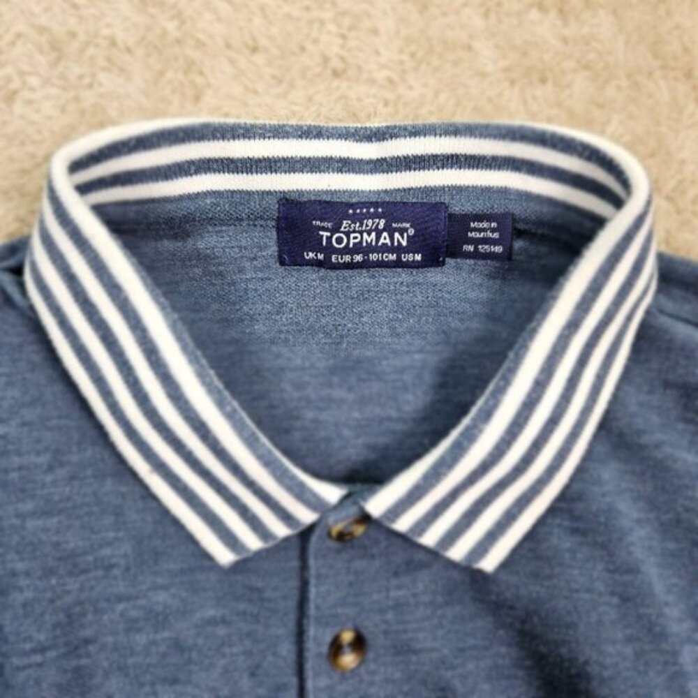 TOPMAN Golf Polo Shirt Mens Size M Contrast Collar Striped Blue Short Sleeve - Picture 6 of 10